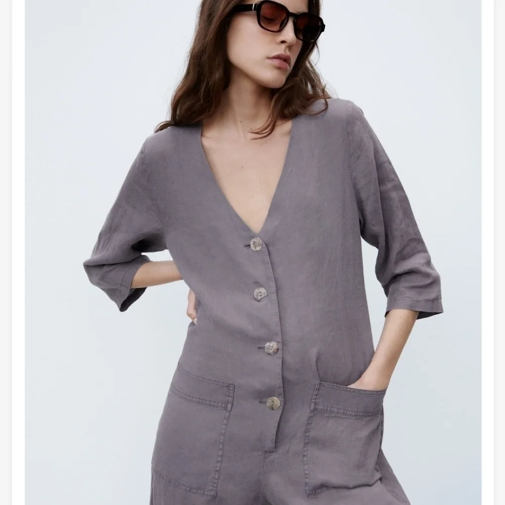 Zara 100% Linen Front Pocket Grey Boiler Jumpsuit  Onesie NWT Size Small
